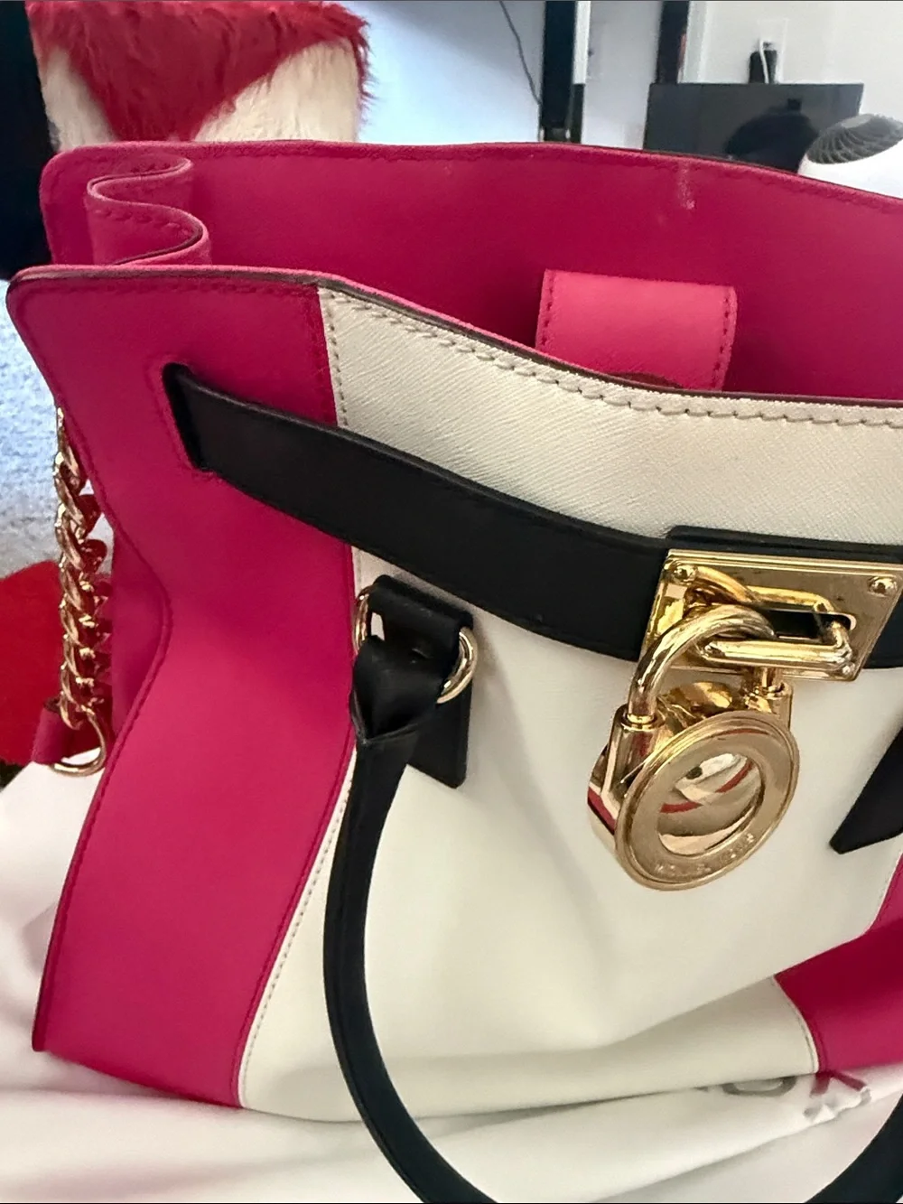 Michael Kors Pink, White & Black Leather Satchel with Gold Hardware !!